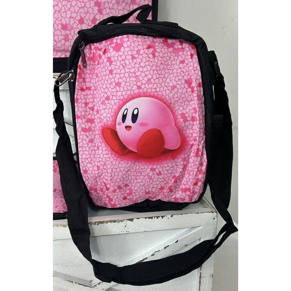 Kirby Cartoon Game Student School Backpack 3pc Set Insulated Lunch Bag Pen Bag